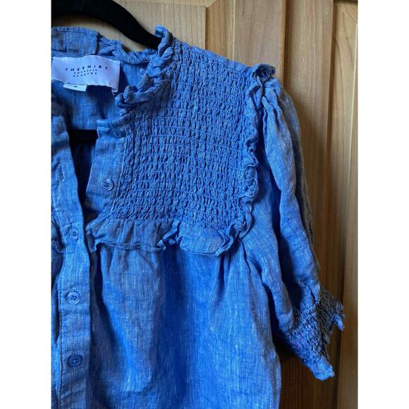 The Shirt by Rochelle Behrens | 100% Linen Smocked Ruffled Blouse | Medium - Picture 2 of 5
